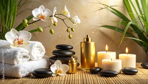 Panel kuchenny z motywem A serene spa setting showcasing white orchids, luxurious towels, smooth stones, and warm golden tones.