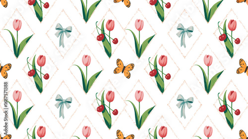 Delicate floral and fruit pattern with tulips cherries butterflies and bows on white background seamless design