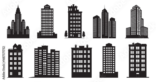 Building Icon Vector Set – Apartment Illustration Symbols. City Building Silhouette Icons – Architecture Vector Collection.