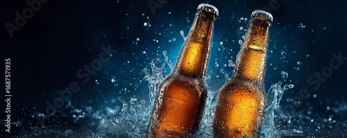 Two Brown Beer Bottles on Ice with Water Droplets and Splashes on Dark Blue Background, Fresh Beverage Concept