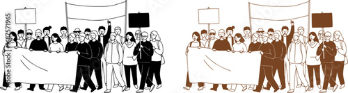 Black and White Illustration of Demonstrating Crowd, Protest and Rally People Gathering