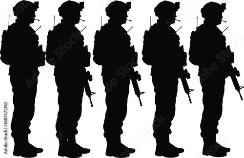 Soldier Silhouette Collection: Black & White Vector Illustrations of Military Figures with Rifles and Gear

.