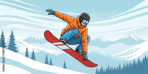 Dynamic cartoon snowboarder wearing a helmet and goggles jumping high in the air against a snowy mountain landscape representing winter sports.
