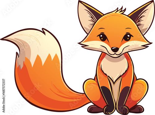 Cute Cartoon Fox Sitting with Curled Bushy Tail