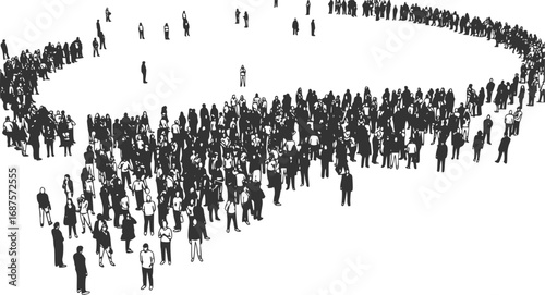 Black and White Wide Angle Illustration of Large Crowd of People, Mass Gathering Concept, 