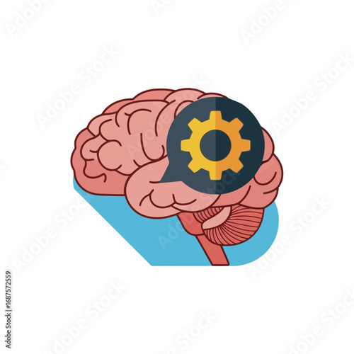 Illustration of a human brain with a gear symbol inside a speech bubble, representing thought process or artificial intelligence
