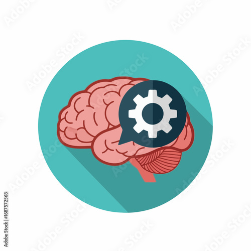 Stylized illustration of a human brain with a gear symbol in a speech bubble, symbolizing mental activity or ai, set against a teal circular background with shadow