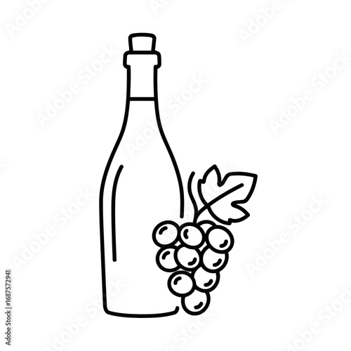 A minimalist line art illustration of a wine bottle next to a bunch of grapes, symbolizing wine production and consumption
