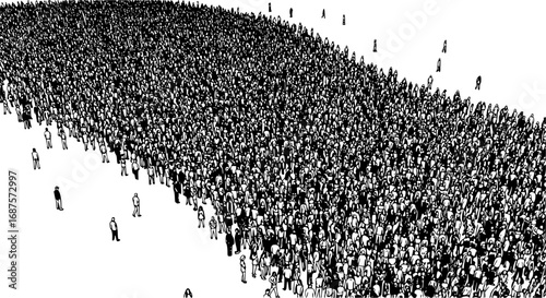 Black and White Wide Angle Illustration of Large Crowd of People, Mass Gathering Concept, 