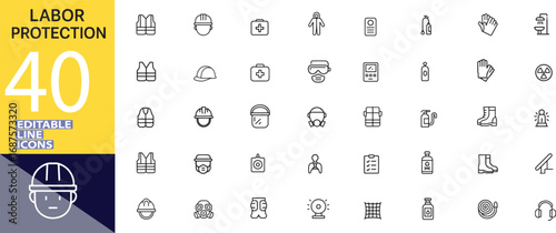 Labor protection line icons set safety equipment and occupational safety tools