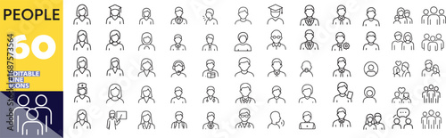 Set of 60 editable line icons representing diverse people and professions