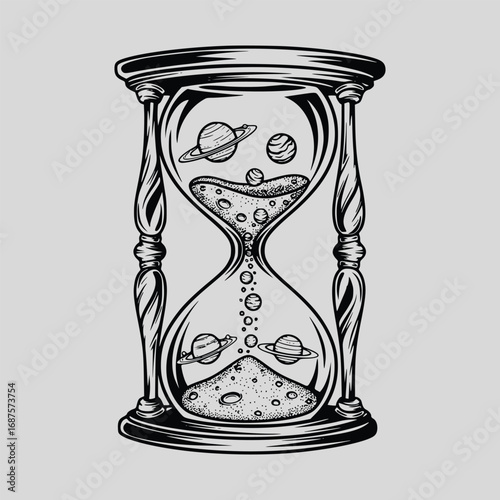 Vector art of a captivating hourglass illustration filled with planets and stars, symbolizing the ephemeral nature of time and the vastness of the universe