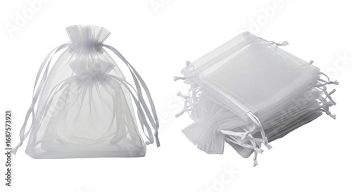 White sheer organza drawstring gift bags for favors and packaging.