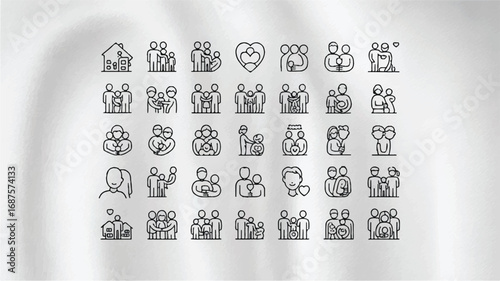 Diverse family structures and relationship icons showcasing love and connection on neutral background representing various family dynamics