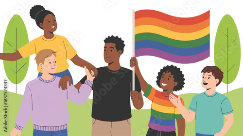 Diverse group of friends celebrating pride with rainbow flag in a park enjoying summer day together vector illustration