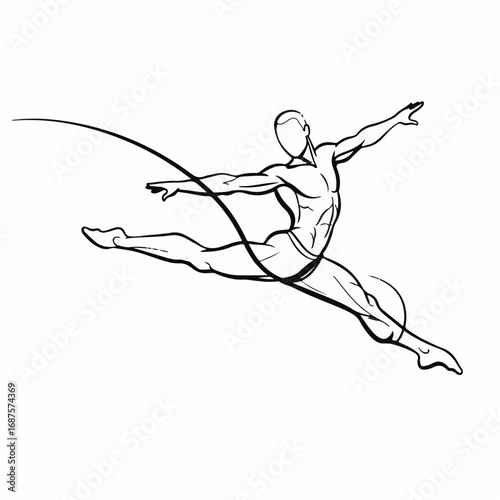 Dynamic male dancer leaps with powerful elegance, capturing athletic grace in a fluid, artistic motion perfect for performance art or fitness inspiration.