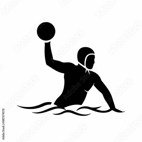 Dynamic water polo player prepares to throw ball while treading water in a stylized wavy aquatic scene, capturing athletic intensity and team sport spirit.