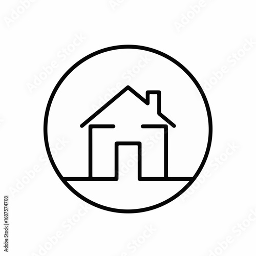Simple clean line art icon representing a house within a circle, perfect for real estate, home services, or property searches