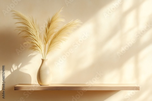 Yellow-beige pampas grass in a tall, narrow ceramic vase on a floating wooden shelf with clean shadows 
