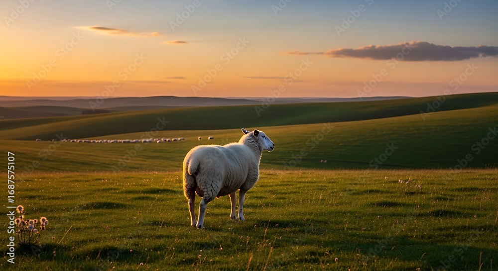 Fototapeta premium Sheep Sunset with Rolling Hills, and Farm.