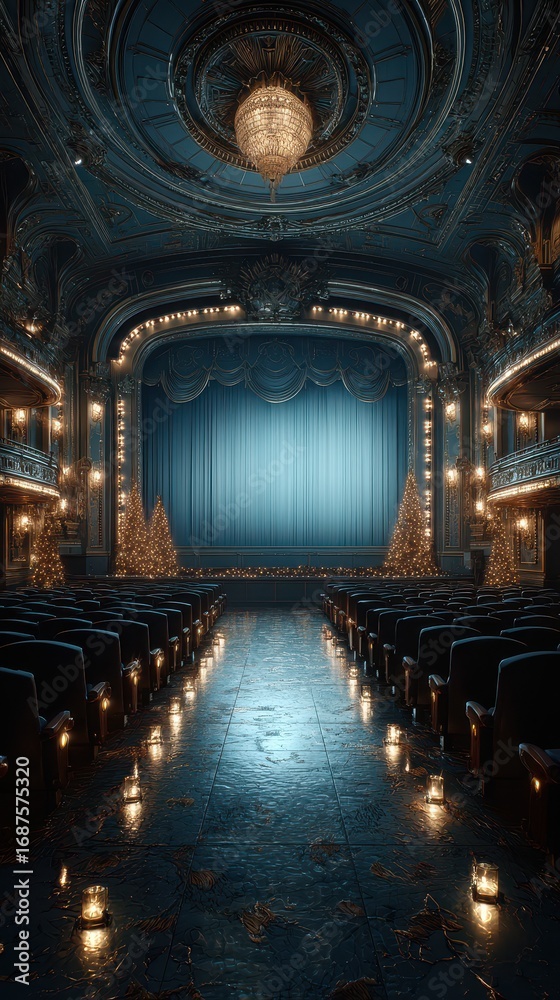 Obraz premium Elegant theater interior adorned with holiday decorations and warm lighting during a winter evening
