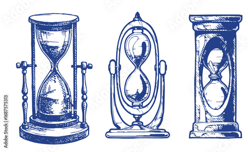 Set of Hourglass. Black and white hand drawn sketch vector illustration isolated on white background, Sand watch glass engraving vector illustration