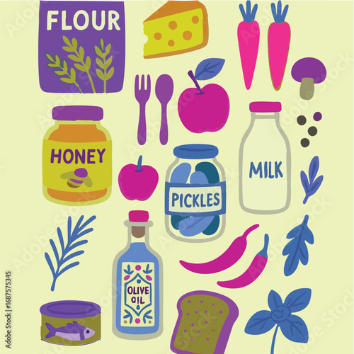 Groceries Home Fresh Food Market Milk Bread Store Shop Ingredients Nutrition Natural Vegetables Organic Cheese Peppers Flour Fruit Basil Thyme Mushrooms Cooking Cute Fun Vector Print