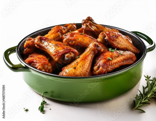 the culinary image features a green pan filled with cooked chicken wings
