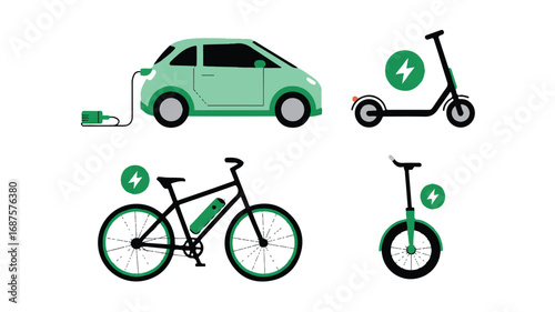 Eco Friendly Transportation Vector Illustration Featuring Electric Car Scooter Bike and Unicycle Promoting Sustainable Mobility