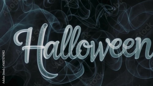 Mysterious Halloween text glowing eerily within swirling smoke on dark background