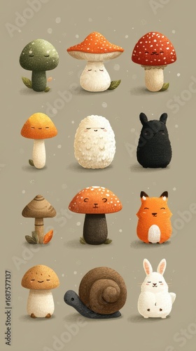 Collection of cute forest creatures and mushrooms on a soft background showcasing playful designs