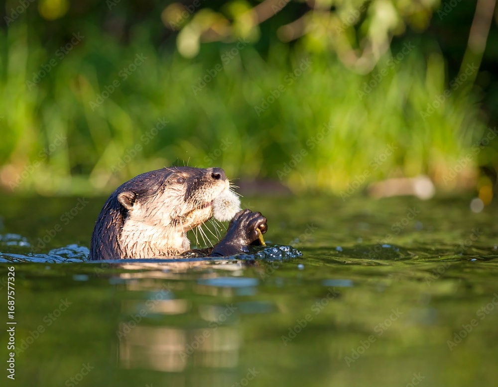 Fototapeta premium Otter with prey in shallow water