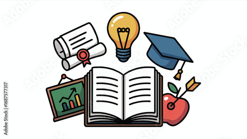 Education and Knowledge Illustration Featuring Open Book Lightbulb Graduation Cap and Charts Perfect for Academic Projects