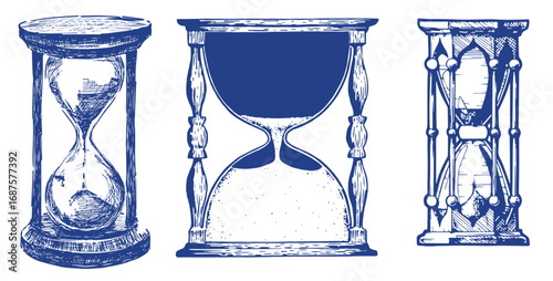 Set of Hourglass. Black and white hand drawn sketch vector illustration isolated on white background, Sand watch glass engraving vector illustration