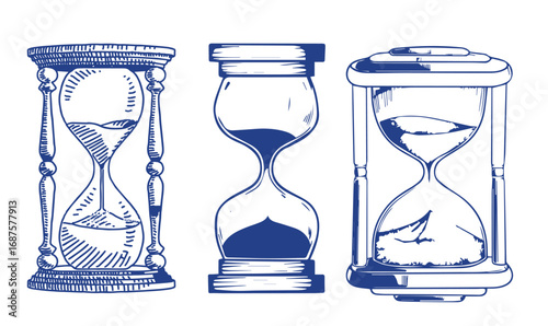 Set of Hourglass. Black and white hand drawn sketch vector illustration isolated on white background, Sand watch glass engraving vector illustration