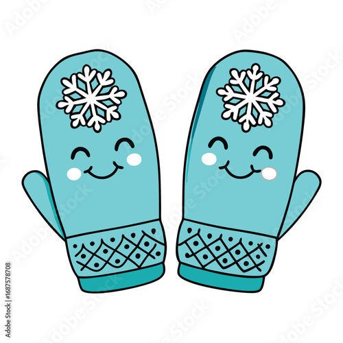 Cute cartoon pair of teal winter mittens with snowflakes and smiling faces on a white background