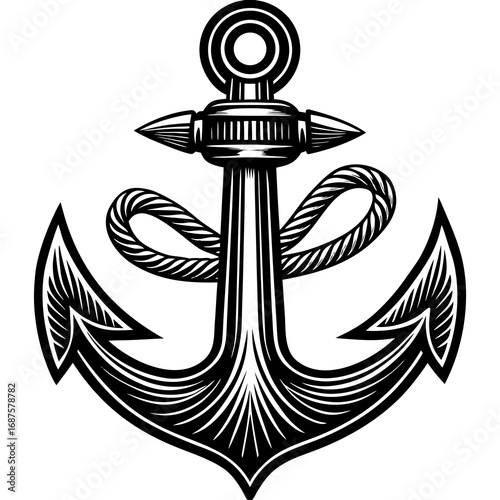 Bold nautical anchor with thick rope detail, symbolizing strength, stability, and maritime adventure, perfect for design projects seeking a classic seafaring aesthetic.