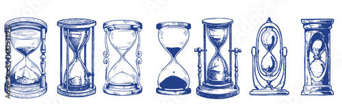 Set of Hourglass. Black and white hand drawn sketch vector illustration isolated on white background, Sand watch glass engraving vector illustration