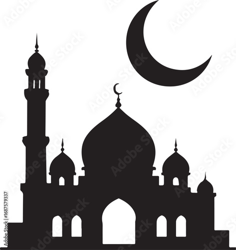 Black silhouette of a mosque with minarets and domes against a white background with a crescent moon