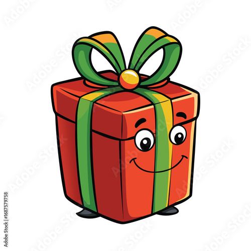 Red Gift Box Character with Green Ribbon and Happy Face on White Background Keywords: gift box, present, christmas, holiday, cartoon, character, happy, smiling, cheerful, cute, anthropomorphic
