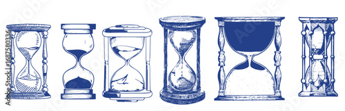 Set of Hourglass. Black and white hand drawn sketch vector illustration isolated on white background, Sand watch glass engraving vector illustration