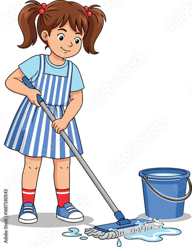 Cartoon girl cleaning floor with mop and bucket, child household chore illustration, kids helping parents, home cleaning concept, family responsibility