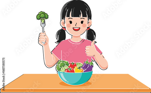 Cartoon girl eating vegetables, healthy food concept illustration, child holding broccoli, salad bowl, vegetarian diet design, nutrition education character drawing