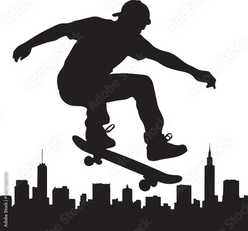 Black silhouette of a skateboarder performing a trick over a city skyline skateboarding jump