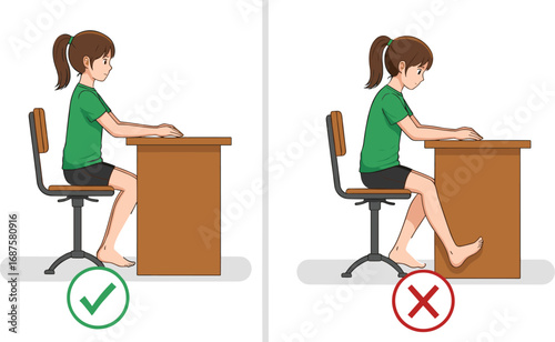 Correct sitting posture illustration for kids, ergonomic chair desk position, good vs bad posture comparison, healthy sitting habits, back support.
