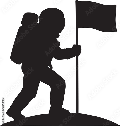 Black silhouette of an astronaut planting a flag on a curved surface space exploration