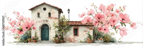 Charming countryside house with blooming flowers and a rustic lantern in a tranquil rural setting