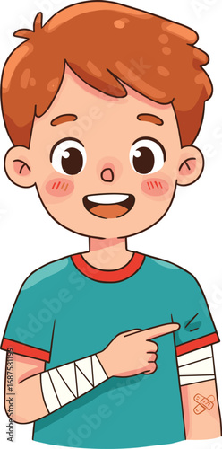 Happy boy with bandages, child injury care, cartoon kid smiling, first aid treatment, health recovery, medical illustration, safety, wound healing