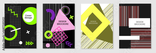 Geometric cover design, set. Abstract unusual background in the style of Memphis. Bright geometric shapes in random order