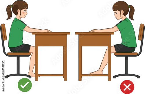 Proper sitting posture at desk for students, correct ergonomic sitting position, school child chair desk posture, healthy sitting habits illustration